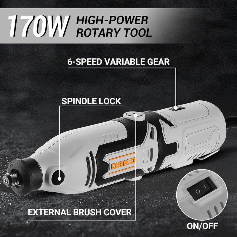 DEKOPRO Rotary Tool Kit: 170W Power Hand Rotary Tools with 6 Variable Speed, 127pcs Accessories, 8000~35000RPM Electric Grinder Drill Machine Set with Flex Shaft for Carving, Cutting, Sanding Gray - Image 3